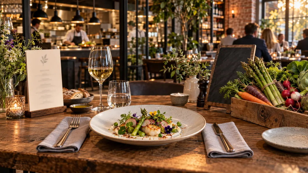 Table de restaurant bistronomique garnie de plats de saison et de produits locaux