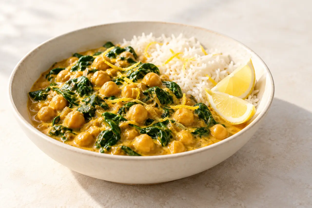 Recettes gourmandes végétariennes : curry crémeux de pois chiches et épinards avec du riz