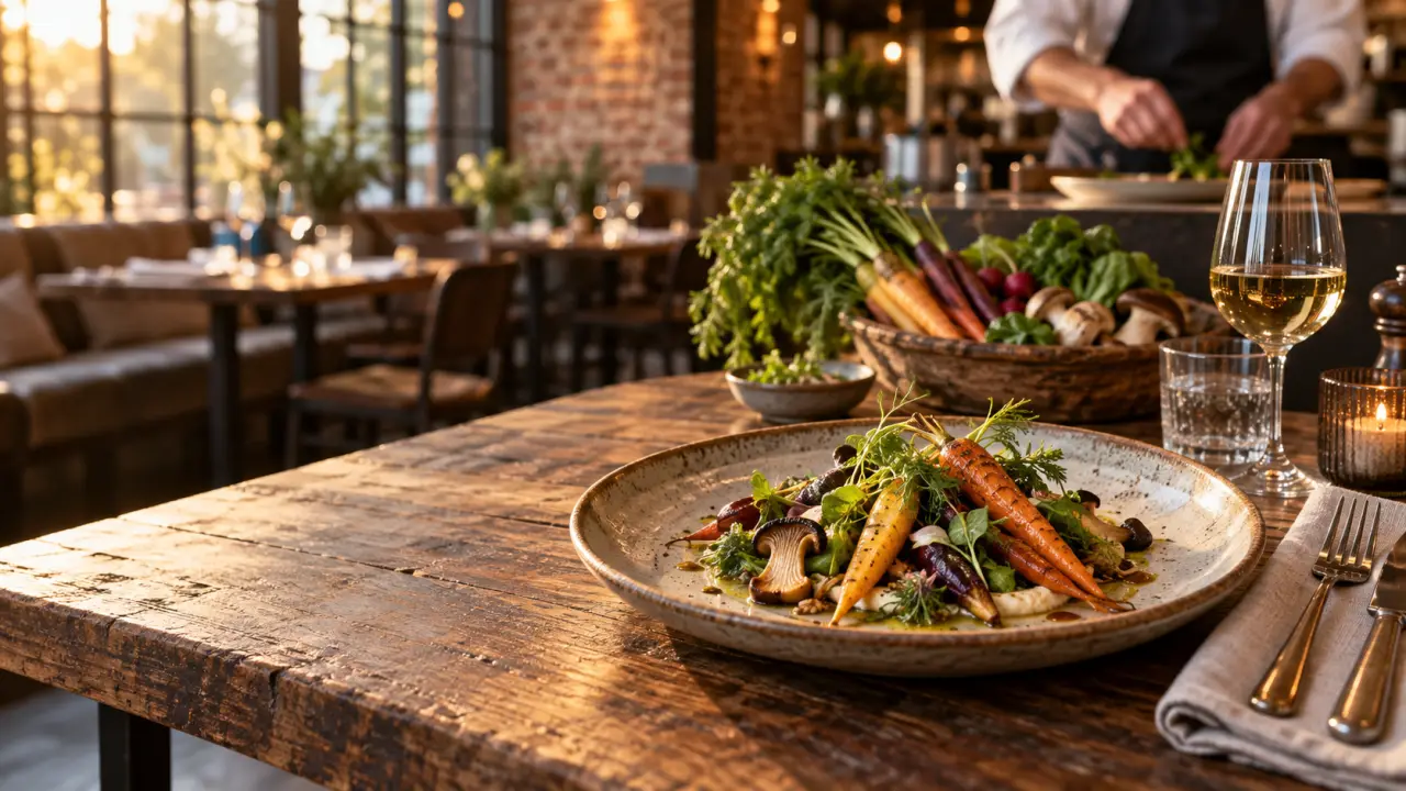 Table bistronomique garnie de plats colorés préparés avec des produits locaux