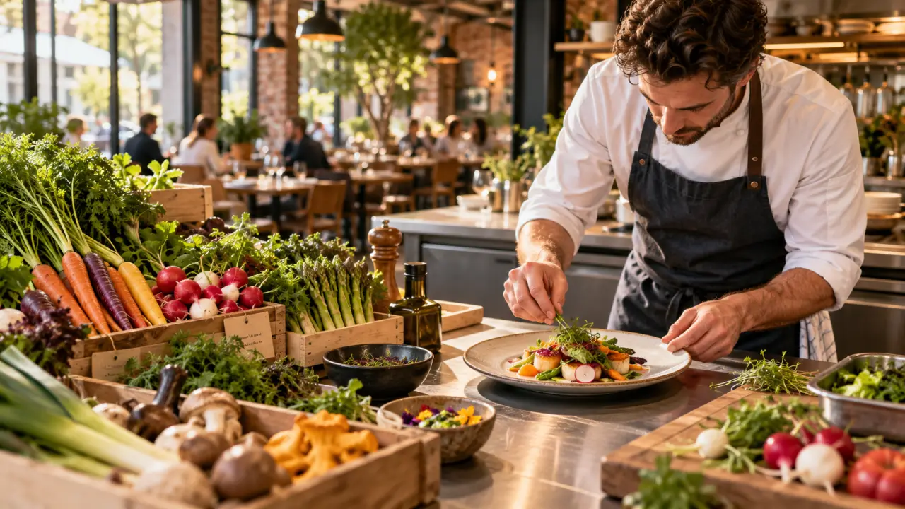 Table bistronomique garnie de plats de saison dans un restaurant industriel-chic