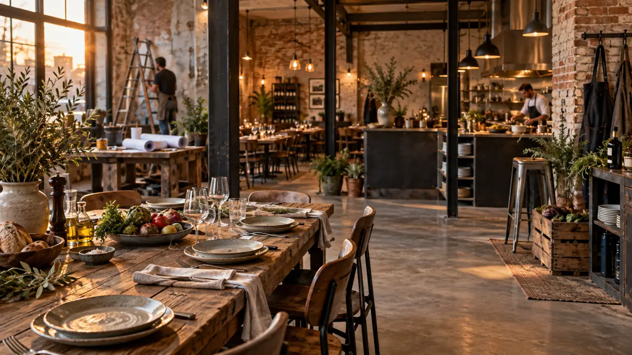 Grande table en bois dans l'intérieur chaleureux et industriel-chic de Table Urbaine