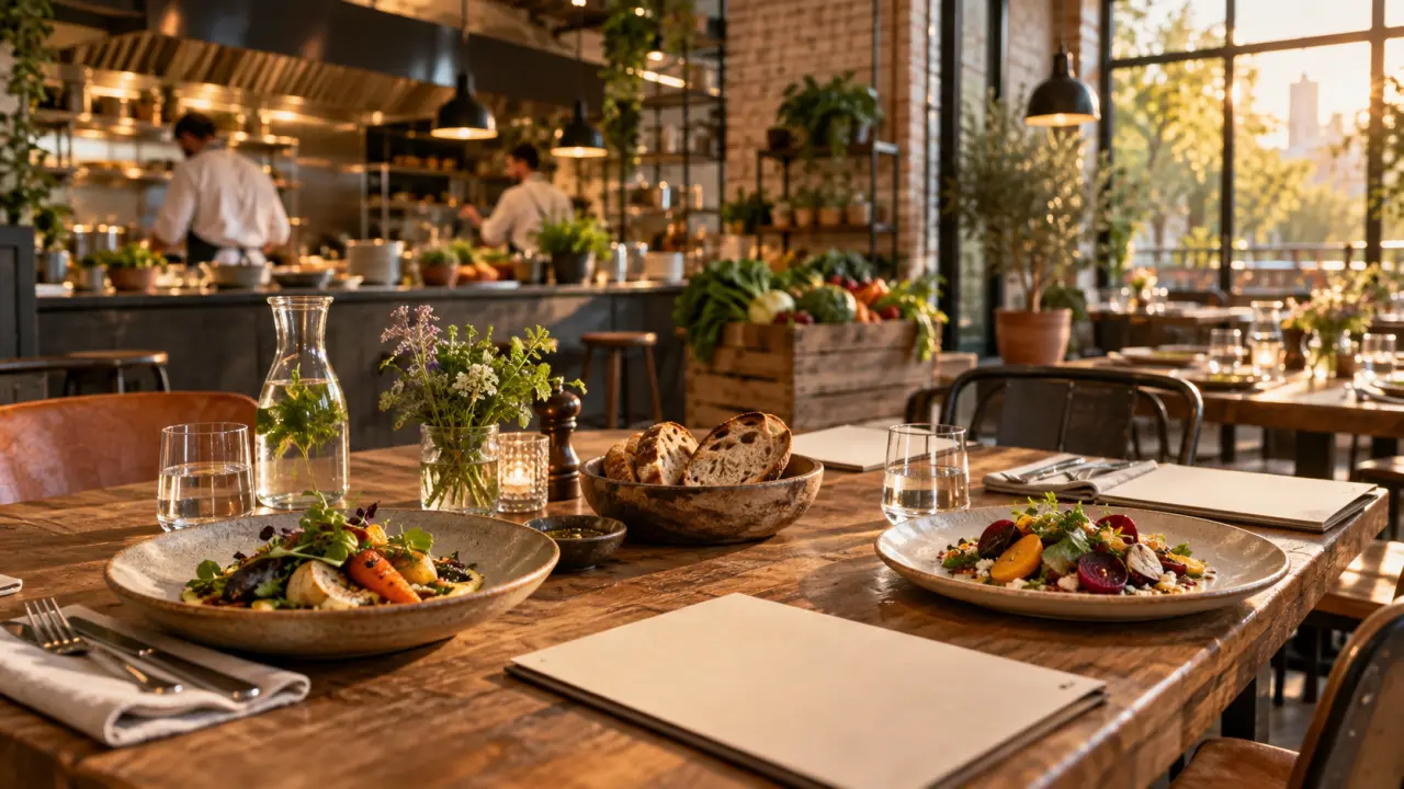 Grande table en bois garnie de plats bistronomiques colorés dans un restaurant industriel-chic