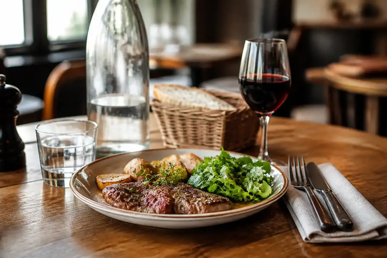 Grande table bistronomique en bois, plats de saison à partager et lumière chaude
