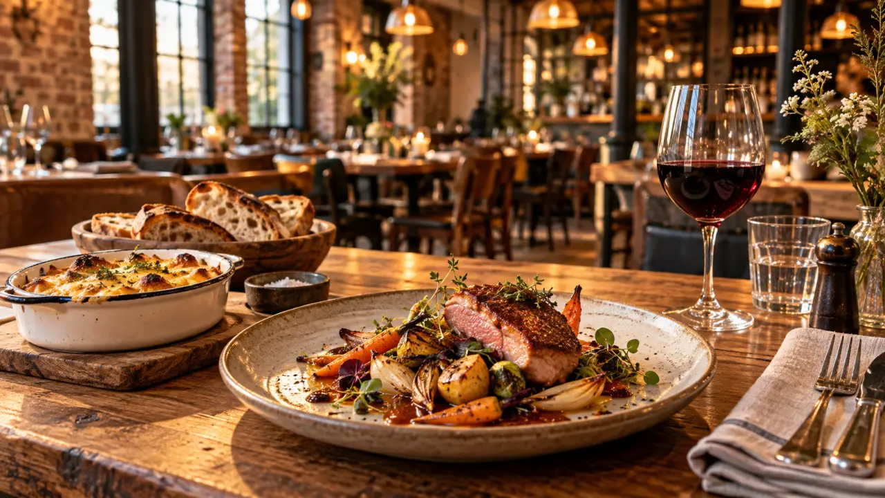 Table conviviale garnie de plats de saison dans un restaurant bistronomique
