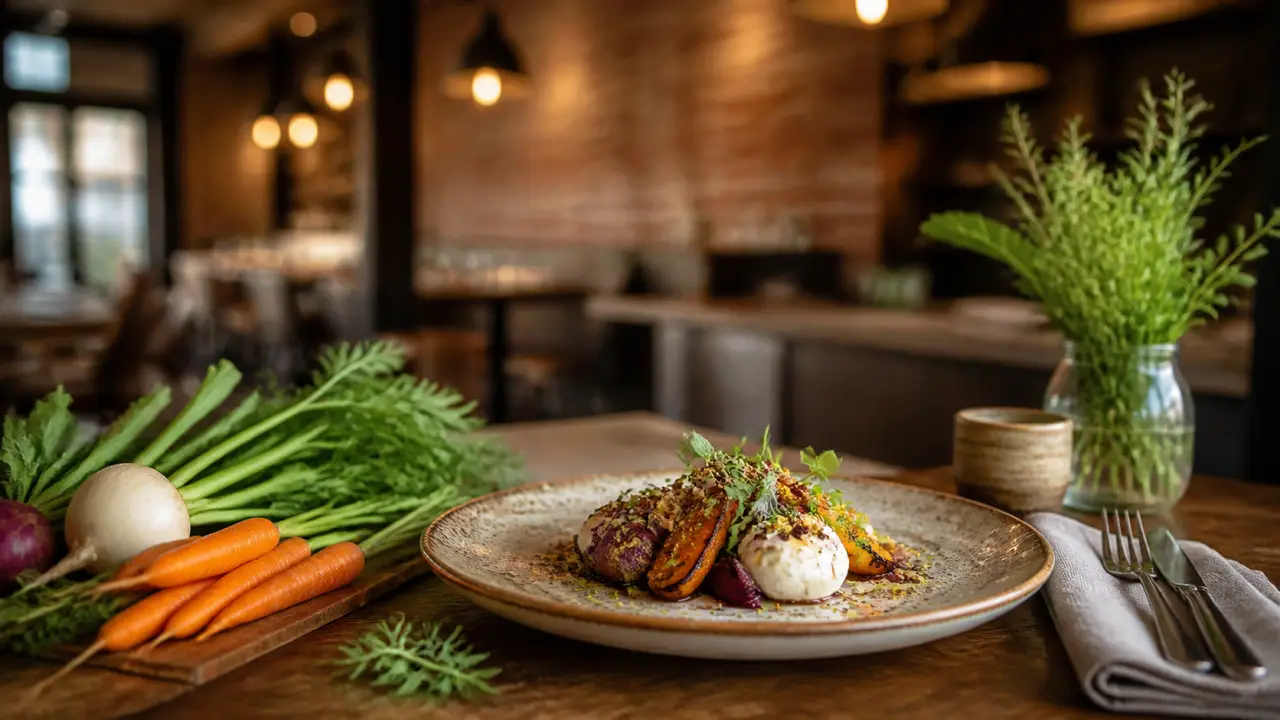 Table bistronomique en bois brut avec plats de saison colorés à partager dans une ambiance industrielle chic