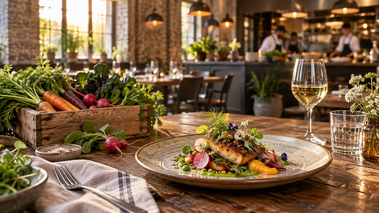 Table bistronomique garnie de plats colorés préparés avec des produits locaux et de saison