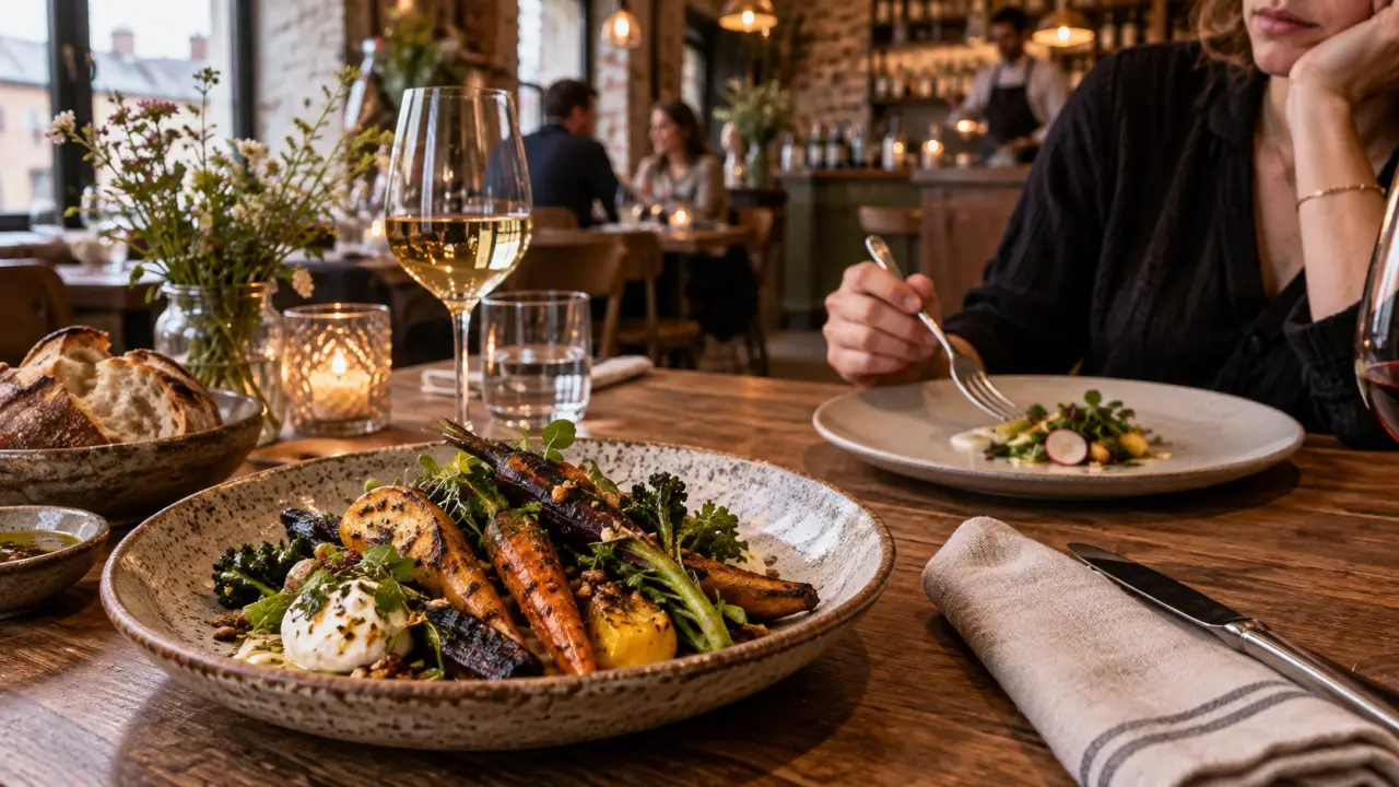 Table de restaurant garnie de plats bistronomiques préparés avec des produits locaux