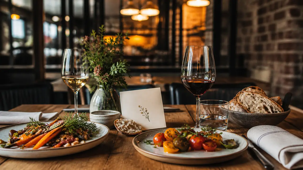 Grande table bistronomique garnie de plats de saison à partager dans une ambiance chaleureuse