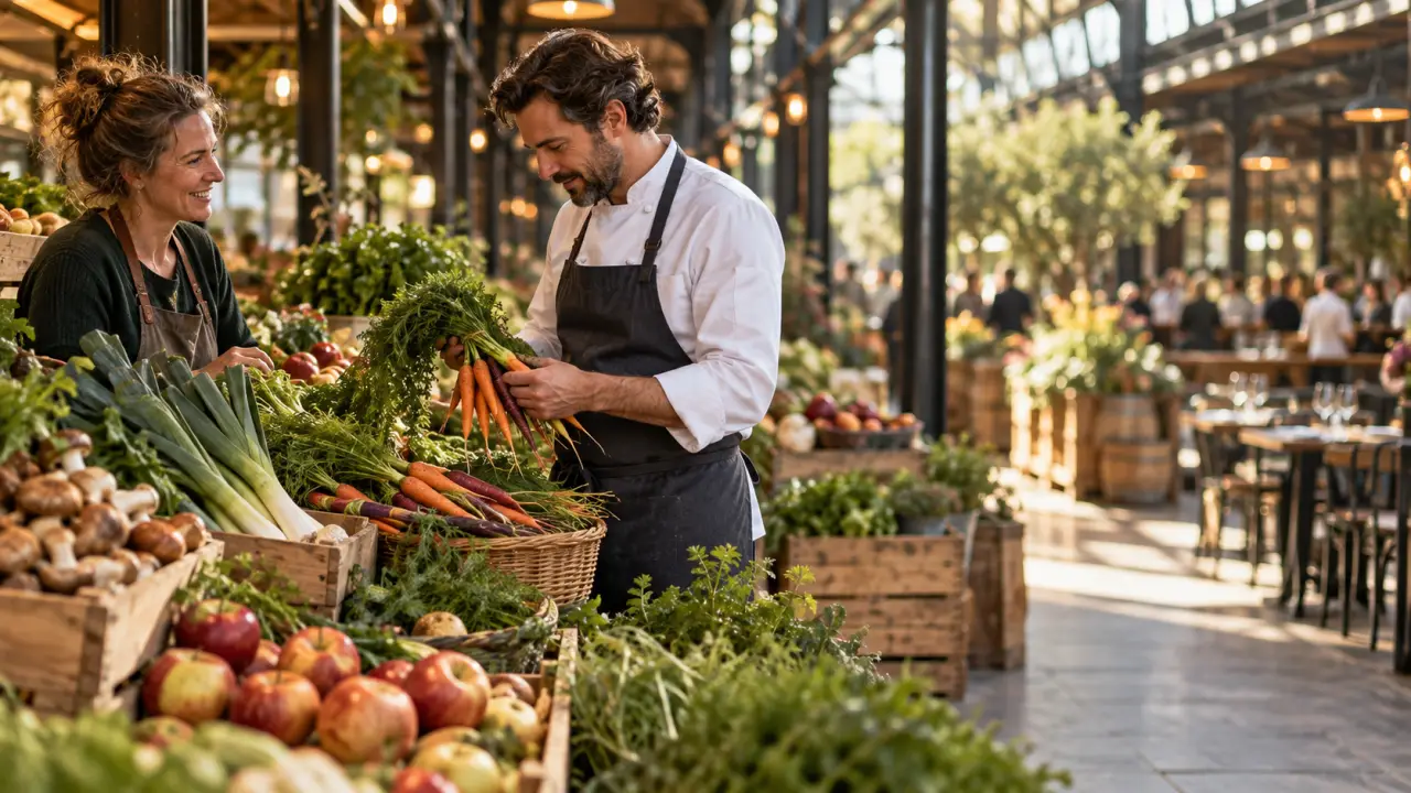 Produits locaux et de saison disposés sur une table de restaurant bistronomique