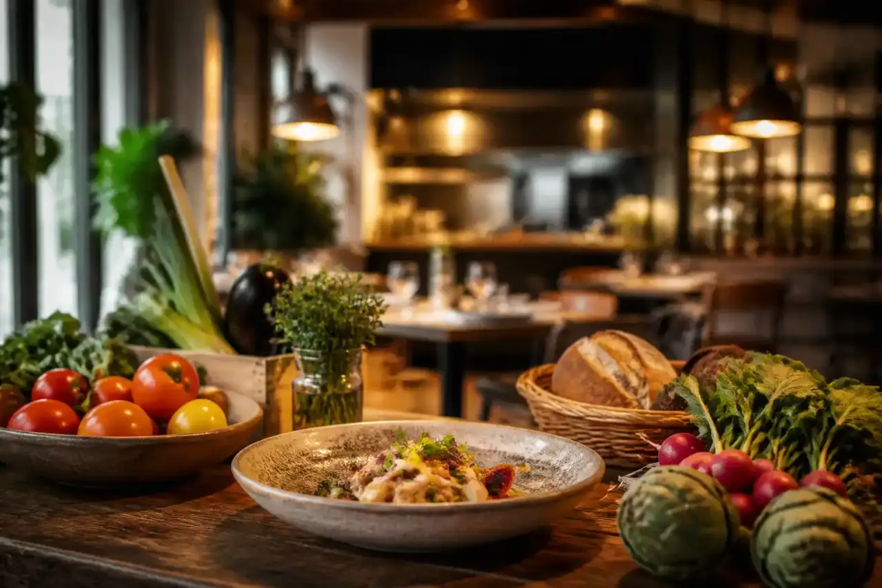 Plats gourmands de saison sur une table en bois brut