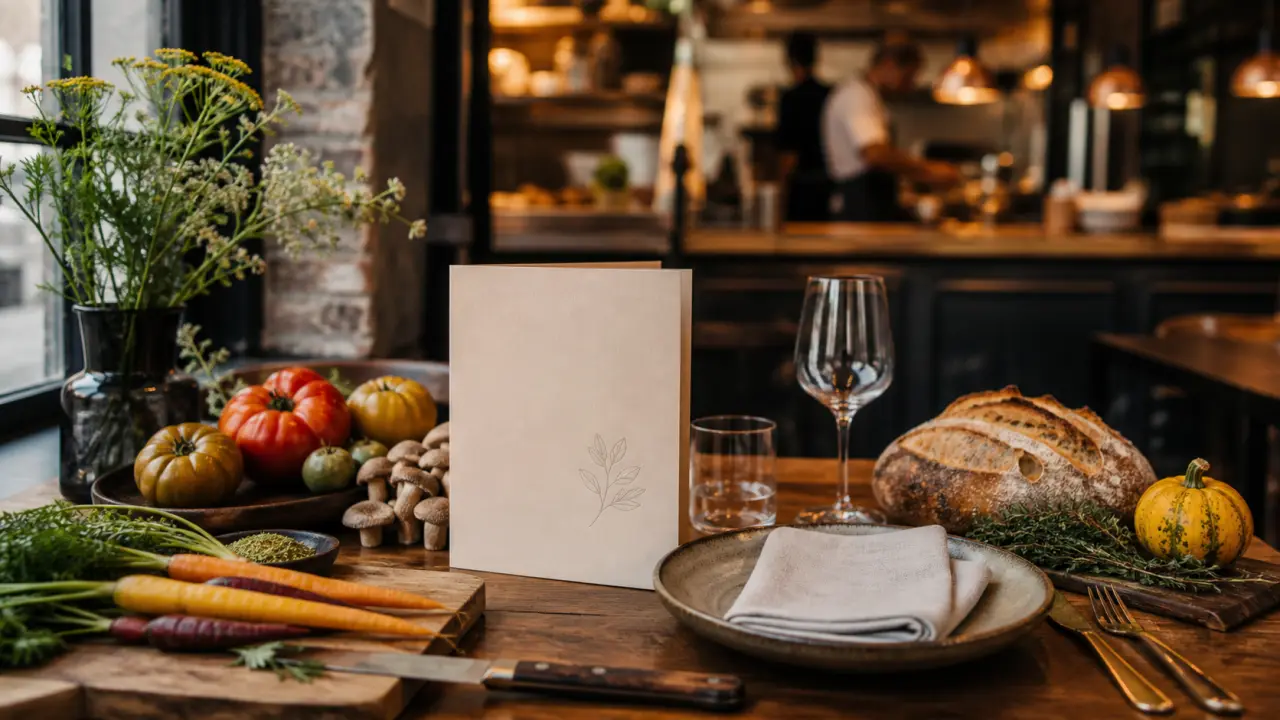 Grande table en bois brut avec des plats bistronomiques colorés à partager, dans une ambiance industrielle-chic chaleureuse