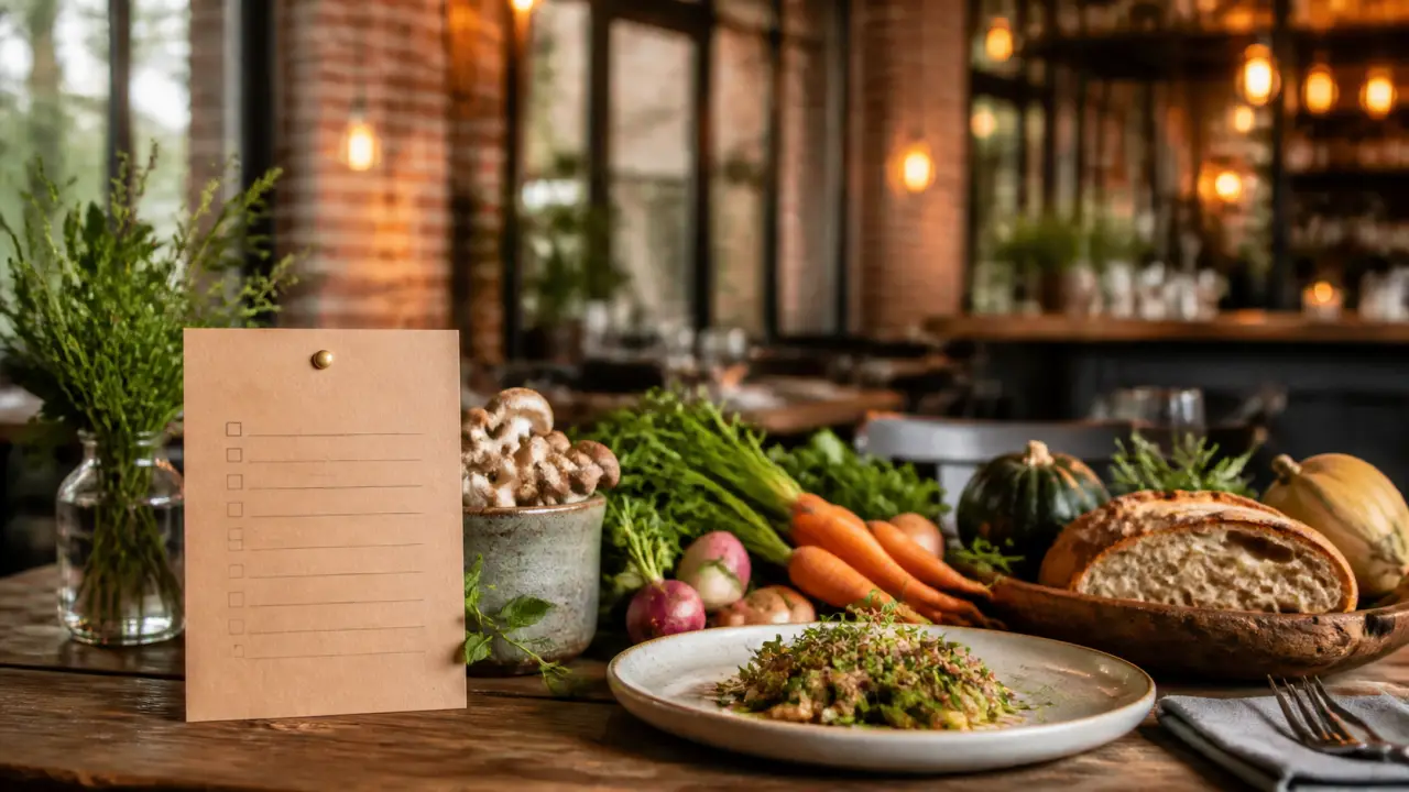 Grande table en bois brut avec des plats bistronomiques colorés à partager dans une ambiance industrielle-chic