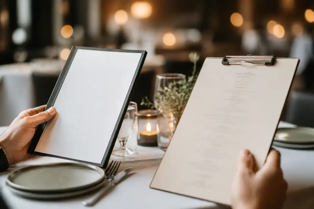 Vue en plongée d'une grande table en bois avec des plats bistronomiques colorés à partager dans une ambiance chaleureuse
