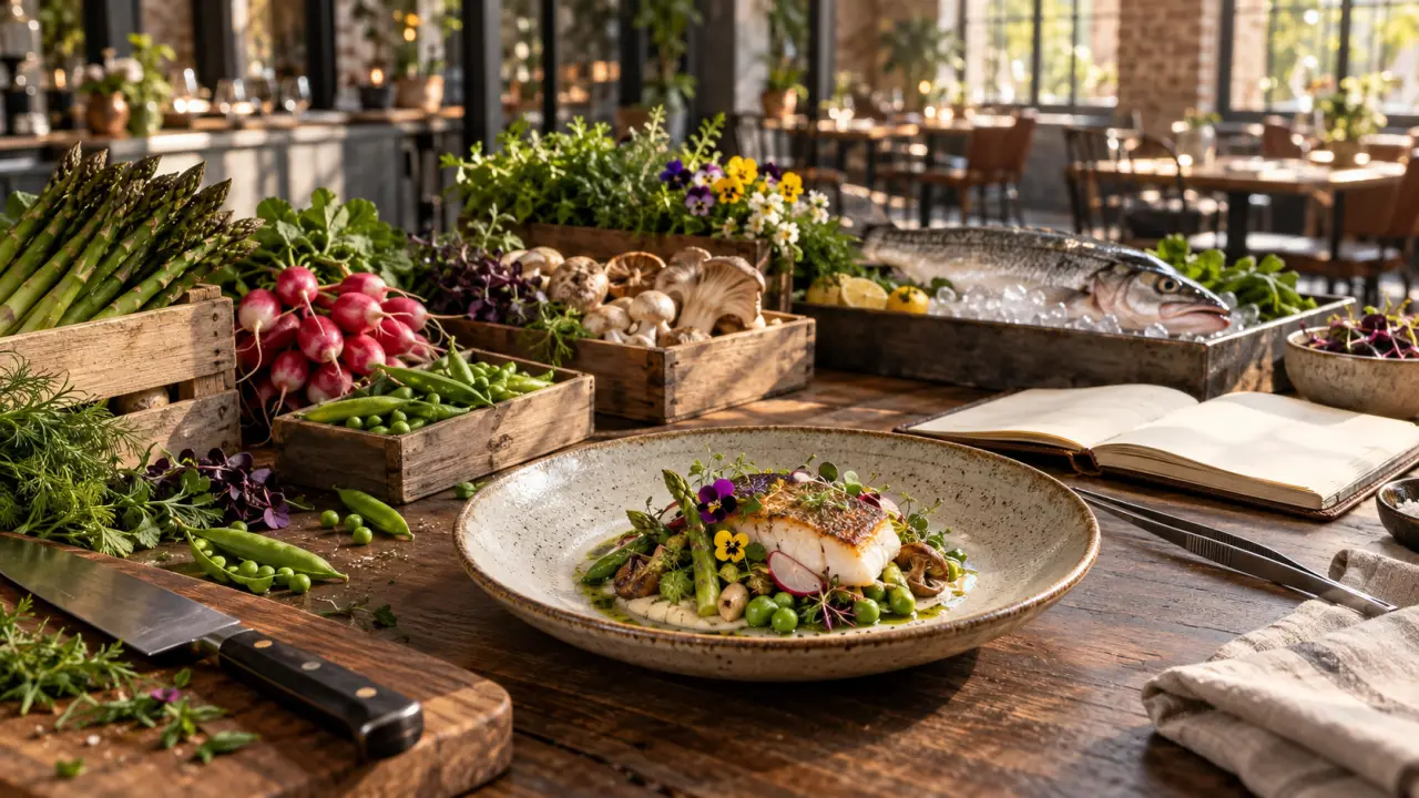 Table de marché et assiettes bistronomiques composées de produits locaux de saison