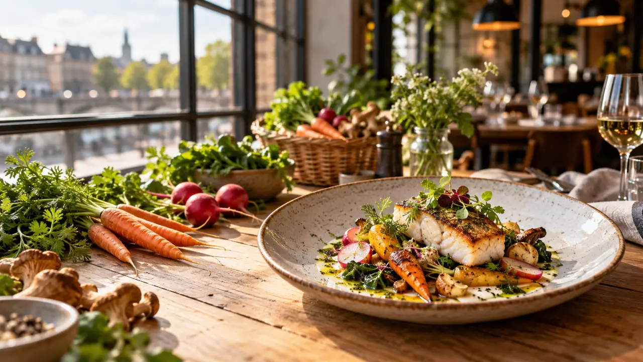 Assiette bistronomique composée de produits frais du marché dans un restaurant chaleureux