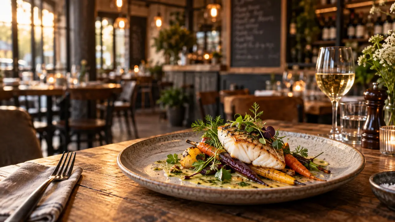 Table conviviale garnie de plats bistronomiques préparés avec des produits locaux