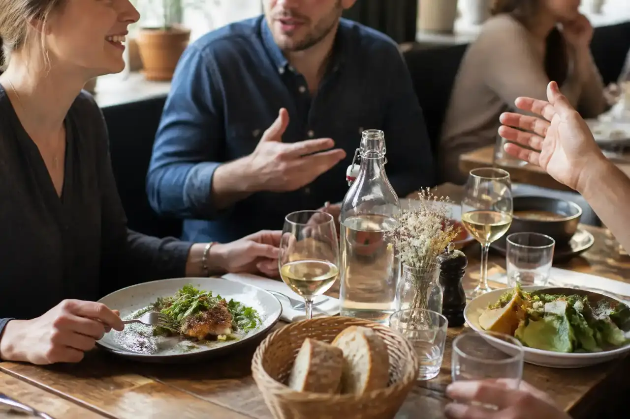 Grande table en bois brut avec plats bistronomiques colorés à partager dans une ambiance industrielle-chic chaleureuse