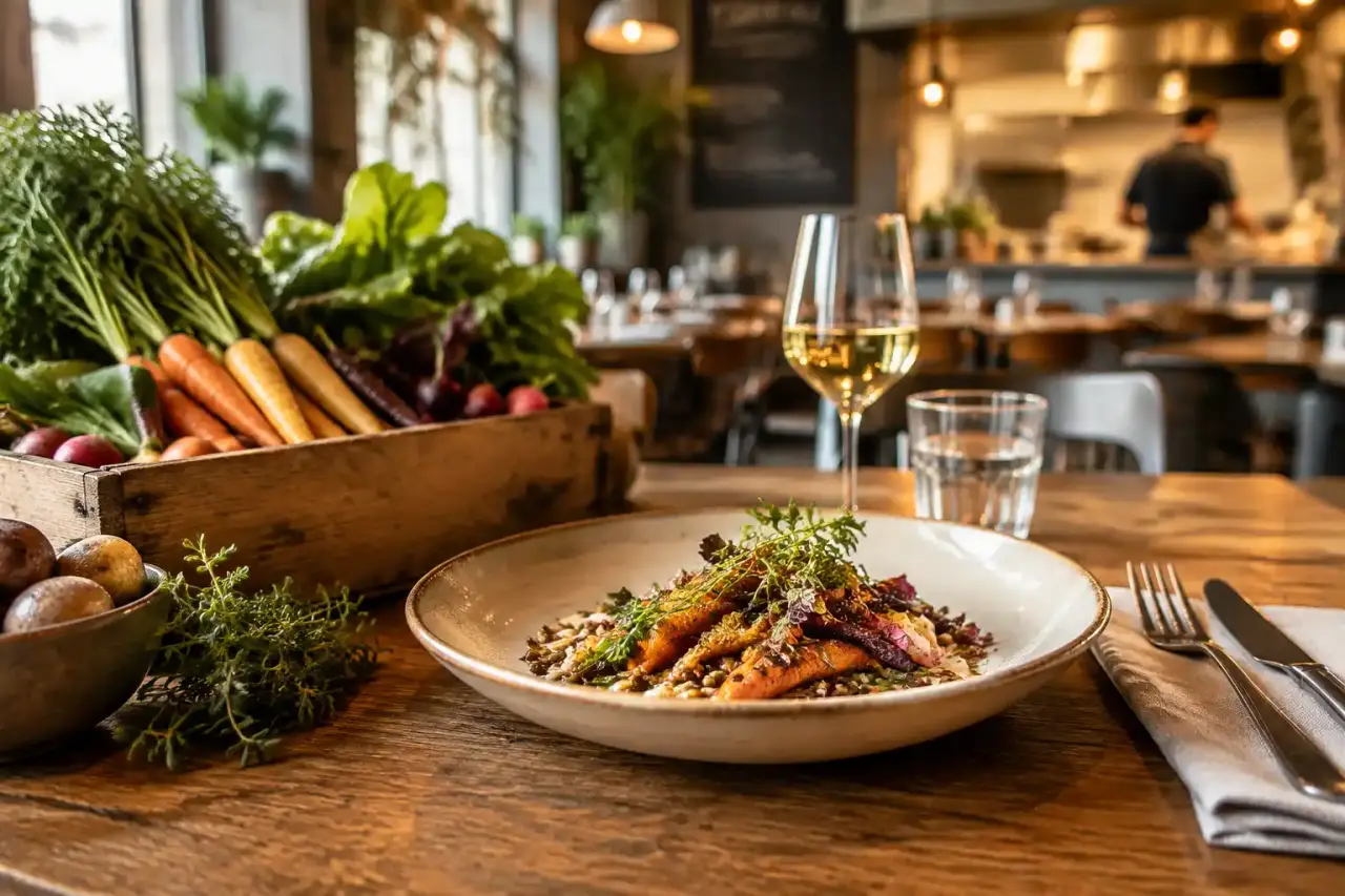 Table garnie de plats bistronomiques préparés avec des produits locaux