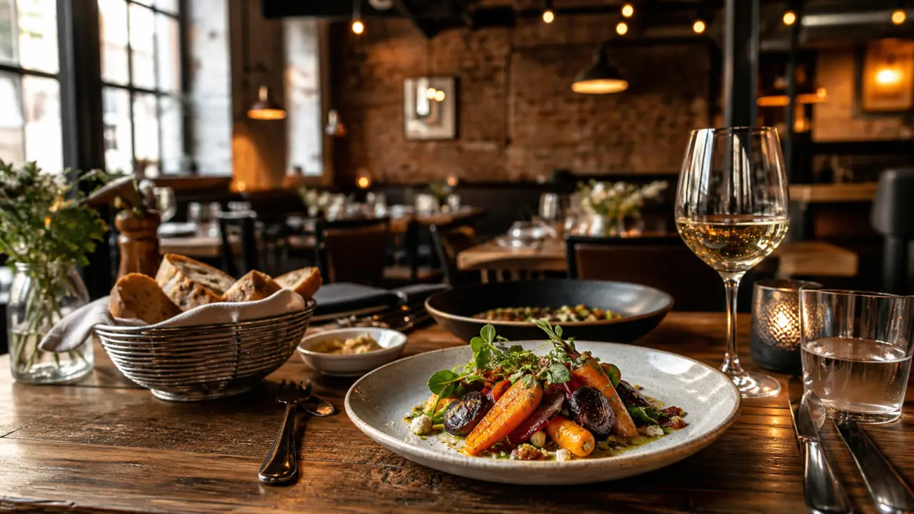 Table bistronomique de saison avec plats colorés à partager