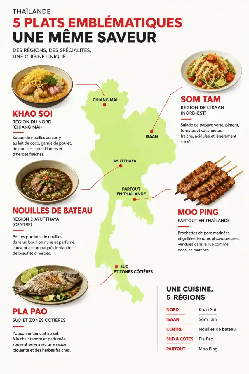 Carte des spécialités de street food en Thaïlande par région : Khao Soi, Som Tam, nouilles de bateau, Pla Pao et Moo Ping