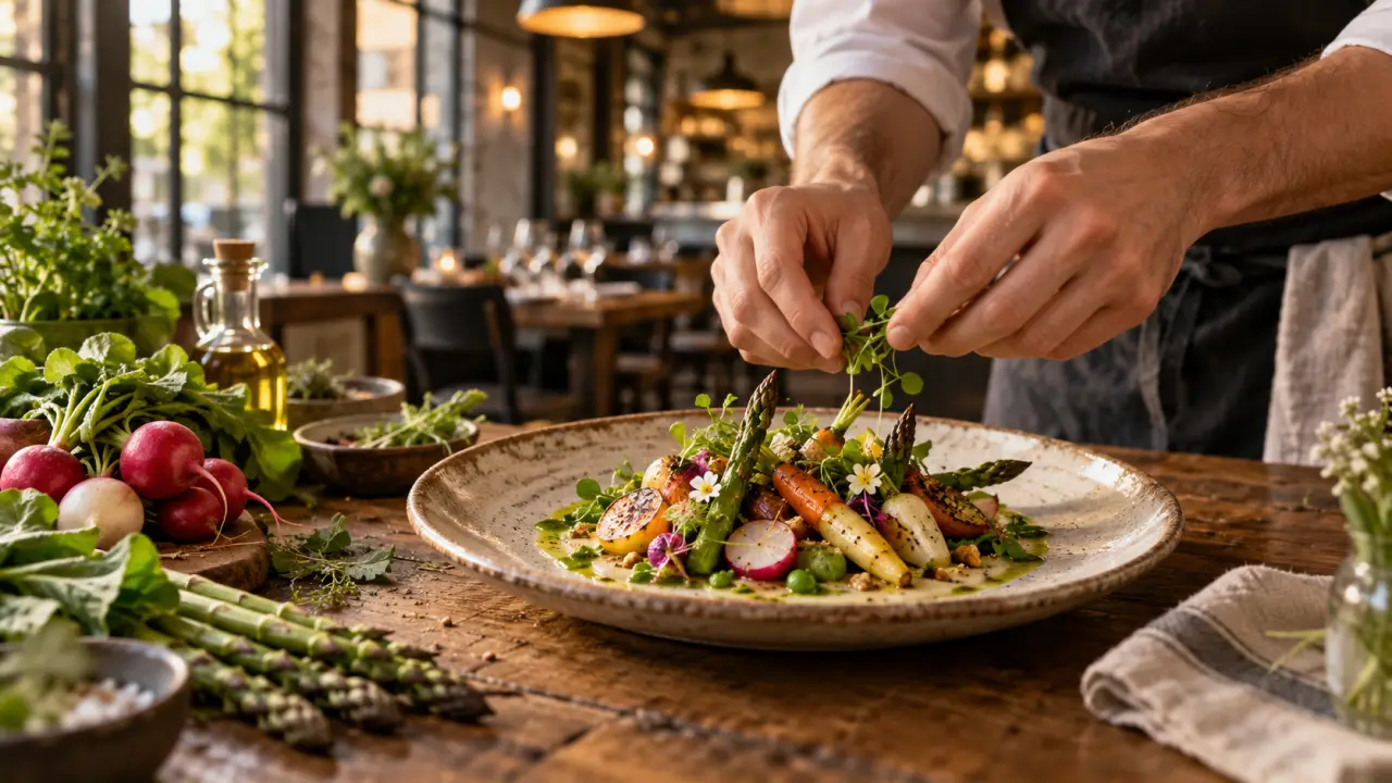 Grande table en bois garnie de plats bistronomiques colorés dans un restaurant chaleureux